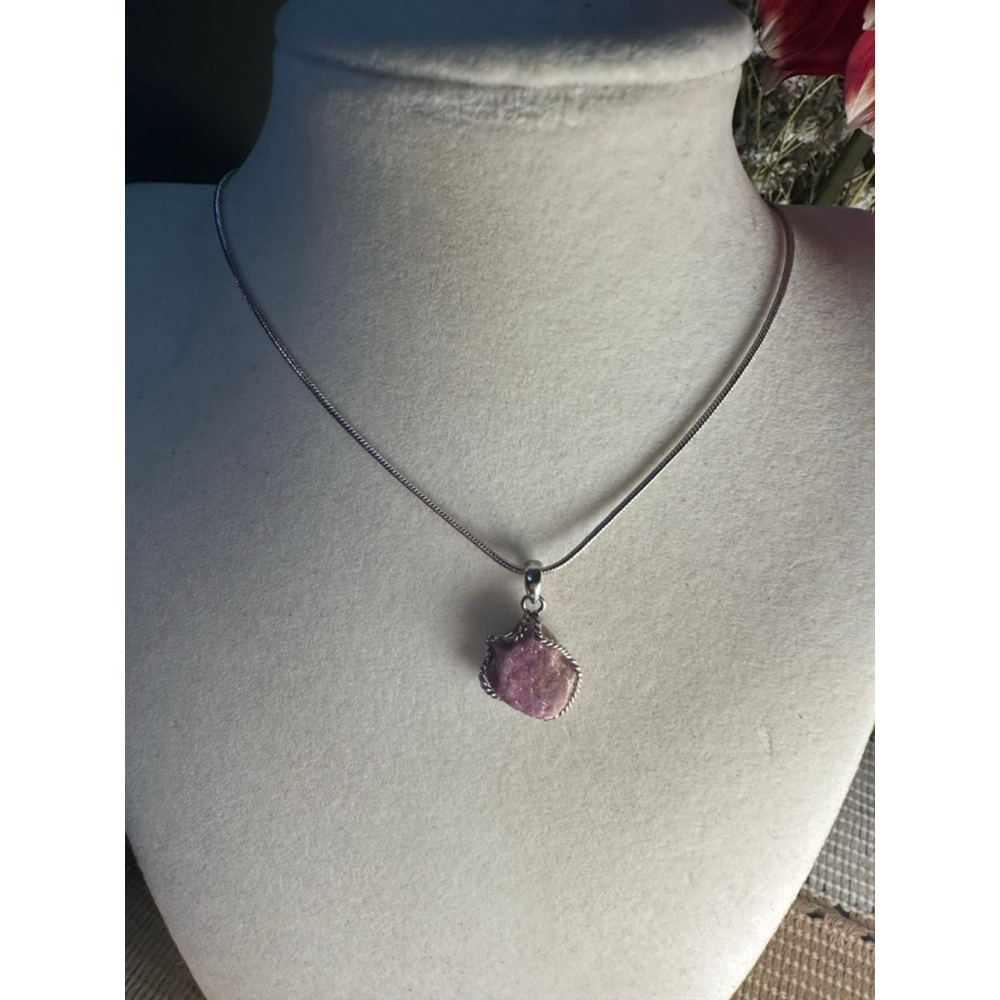 Pink Tourmaline Wrapped Pendant Necklace on Snake Chain - Picture 6 of 8